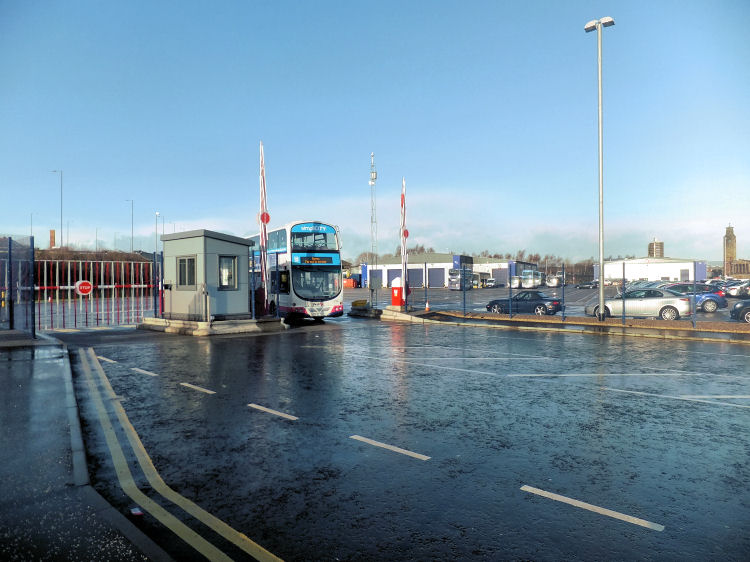 Bus leaving Caledonia Bus Depot, Gorbals