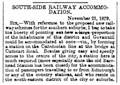 Proposal for new Cathcart Road Station 22nd November 1879