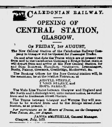Notice from Glasgow Herald, 1 August 1879, regarding opening of Glasgow Central Station