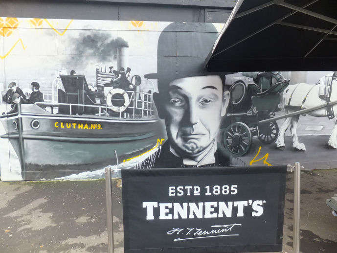Mural showing 'Clutha No.9' alongside Stan Laurel at Clutha Bar, Glasgow