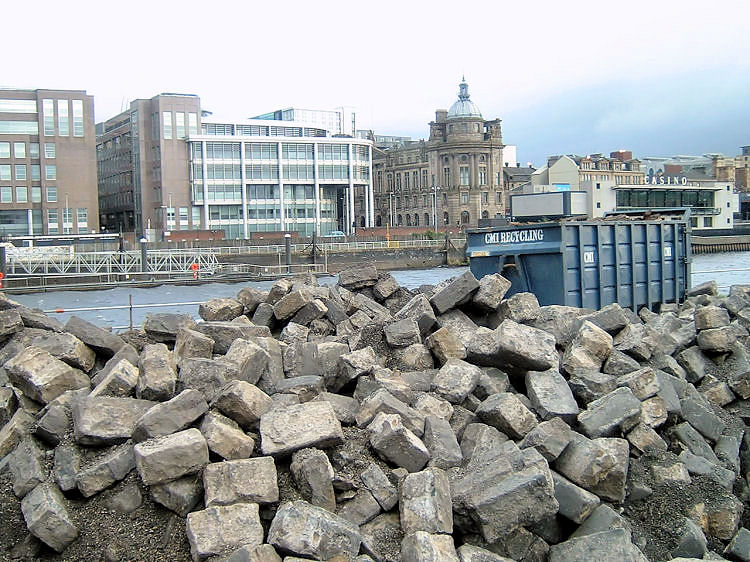 Cobbles lifted during quayside redevelopment, Central Glasgow