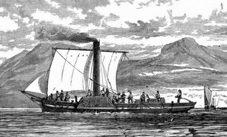 Engraving of Henry Bell's steamboat, 'Comet' assisted by sail power