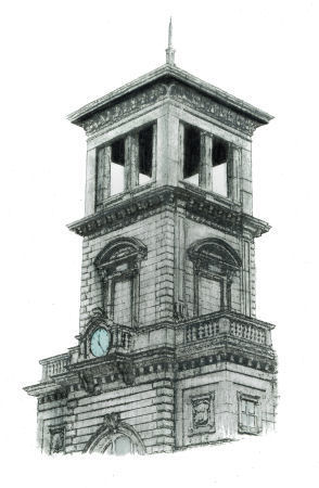 Drawing of clock tower at Connolly Station, Dublin, by Gerald Blaikie