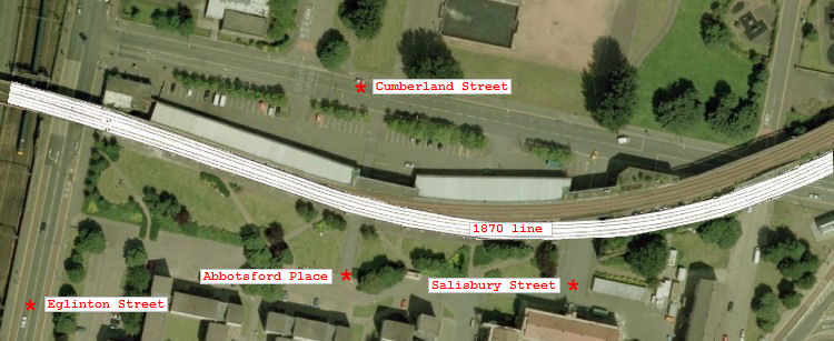 Aerial view of the site of Cumberland Street Station at Eglinton Street, Glasgow