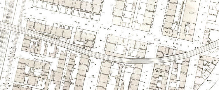 Old map of the site of Cumberland Street Station at Eglinton Street, Glasgow