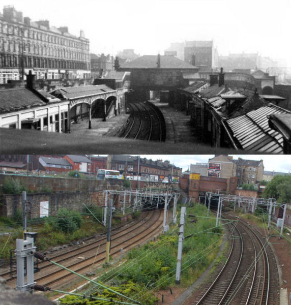 Then and now view of Eglinton Street Station, Glasgow