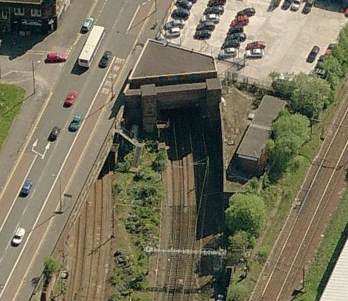 View of stair towers at Eglinton Street Station from the north