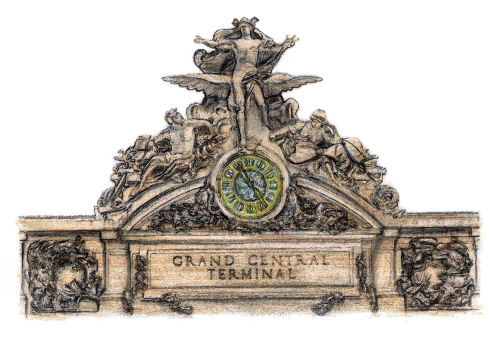 Drawing of clock at Grand Central Station, New York City