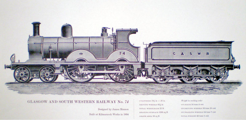 Engineer's drawing of Glasgow and Southwestern Railway's steam locomotive No.74 built at Kilmarnock Railway Works, 1894