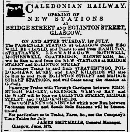 Notice from the Glasgow Herald, 27th June 1879, regarding the closure of southside Station on 1st July 1879