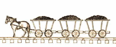 Sketch of horse drawn coal wagons on early railway