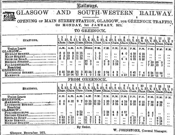  Timetable on opening day of Main Street Station, 1872