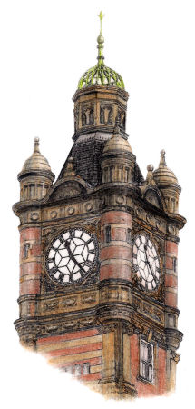 Drawing of clock tower at Marylebone Station, London