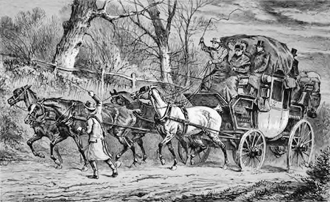 Overladen mail coach travelling uphill