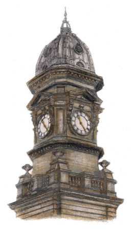 Drawing of clock tower at Scarborough Station, Yorkshire
