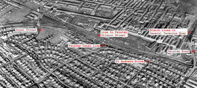 Aerial view of lines between Shields Raod and Gower Street, Glasgow