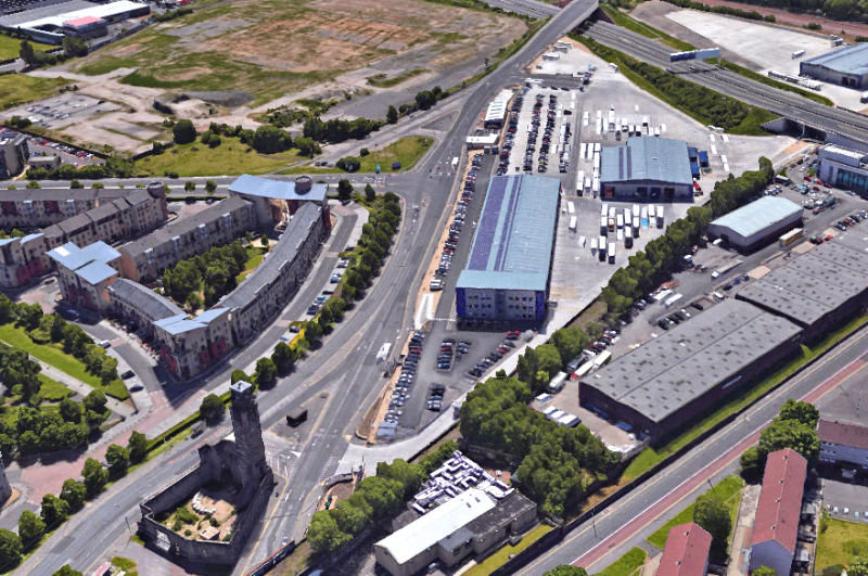 Aerial view of Caledonia Bus Depot, Gorbals