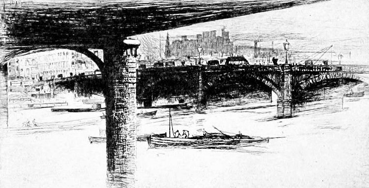 Victorian etching of granite pier carrying railway bridge to Glasgow Central