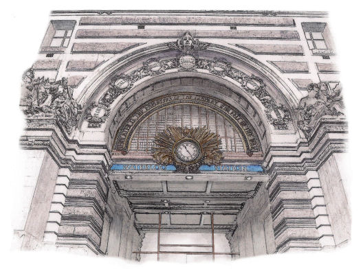 Drawing of clock at Waterloo Station, London