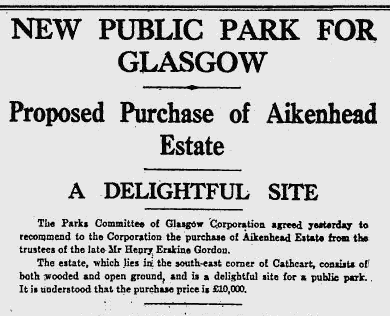 Headline from 1929 regarding acquisition of Aikenhead Estate