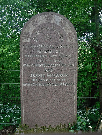 Gravestone of Rev. George Lowe, Minister of Battlefield East Church, 1906- 1937