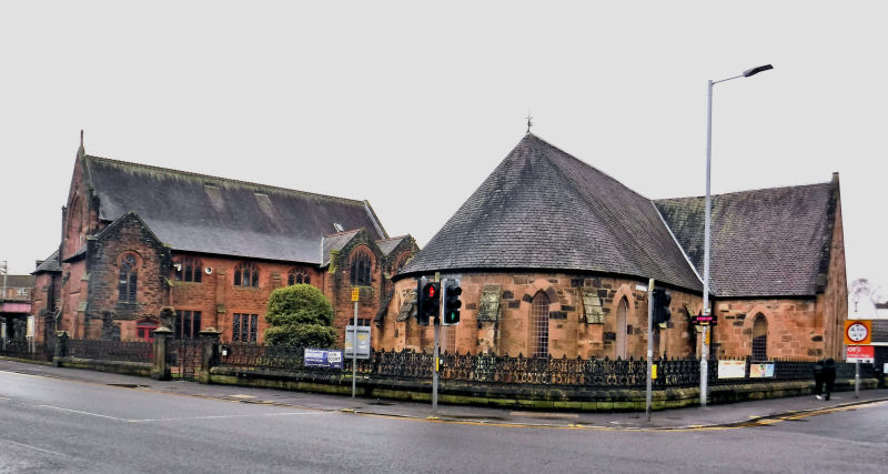 Two versions of Battlefield East Church from corner of Battlefield Road