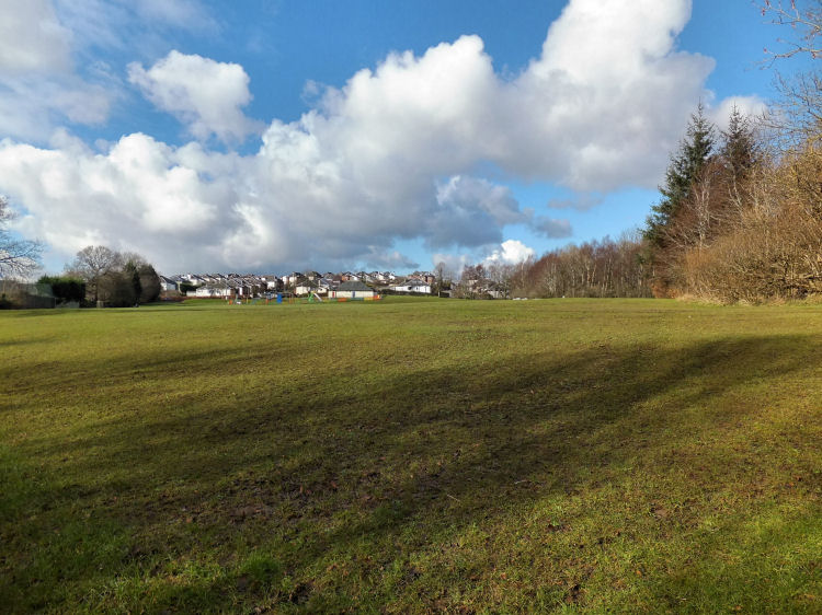 View of Giffnock houses from open fields at site of former quarries