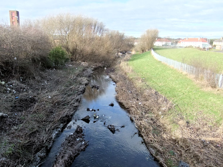 View of Brock Burn between Barrhead Road and confluence with Levern Water, near Pollok Fire Station