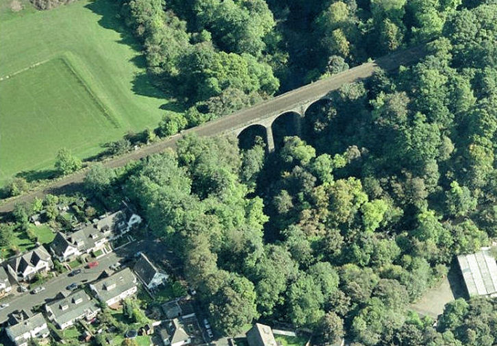 Aerial view of White Cart railway viaduct, Busby
