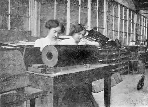 Girls preparing rollers at  Thornliebank Print Works
