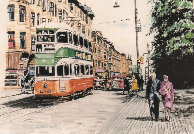 1950's sketch of tram passing Camphill Gate