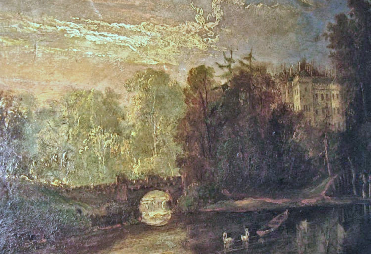 Old painting of swans in pond below Castlemilk House