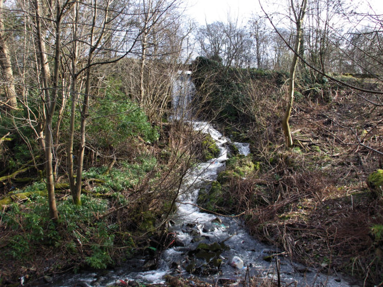 Waterfall carrying water from Fish Pond down to Castlemilk Burn