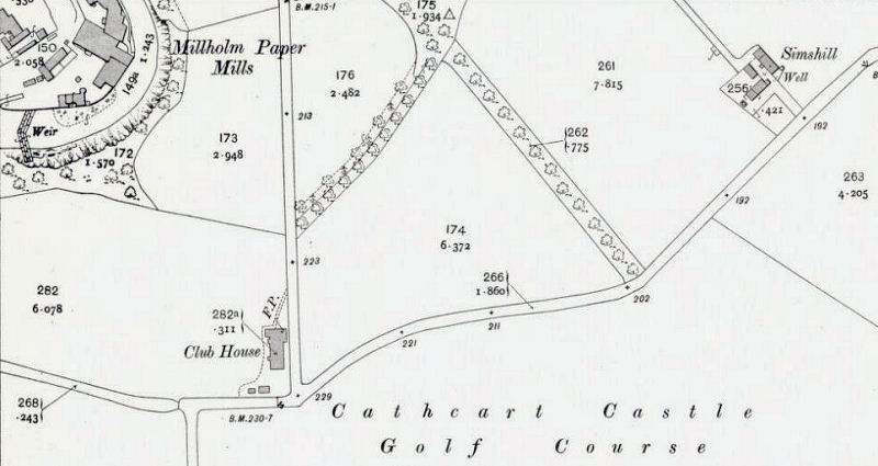 Map showing clubhouse of Cathcart Castle Golf Course and farmstead of Simshill, 1910
