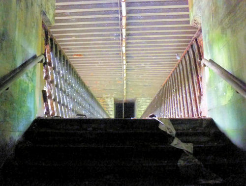 View from a 'hole in the wall' of abandoned footbridge from Old Castle Road to Cathcart Station