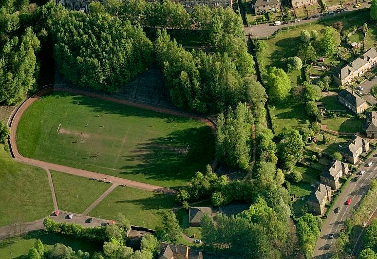 Aerial view of Cathkin Park from the north, with Cathcart Road to the right