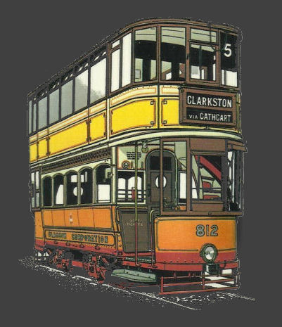 Drawing of No.5 tram with destination board for Clarkston via Cathcart