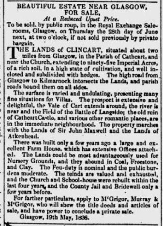 Notice from May 1836 for sale of 95 acres of land for development at Clincart, Mount Florida