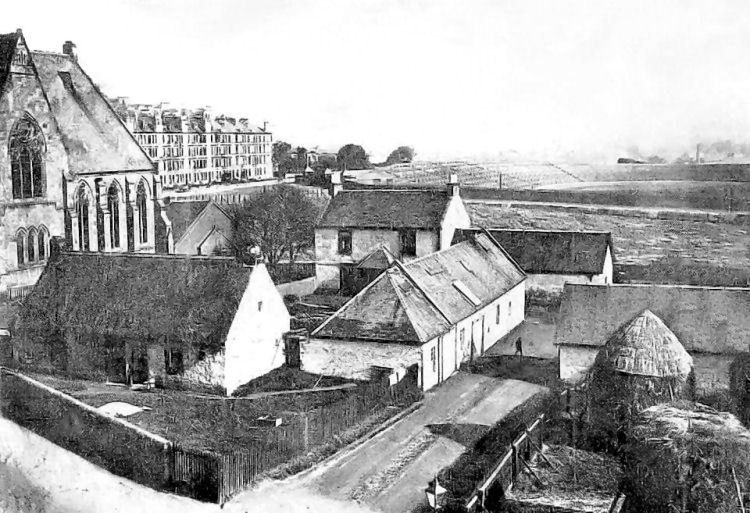 View of buildings at Clincart Farm and Mount Florida Church with Hampden Park in the background
