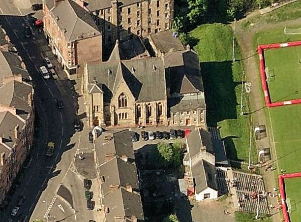 Aerial View of former farmhouse and offices at Clincart Farm, now part of Lesser Hampden football ground
