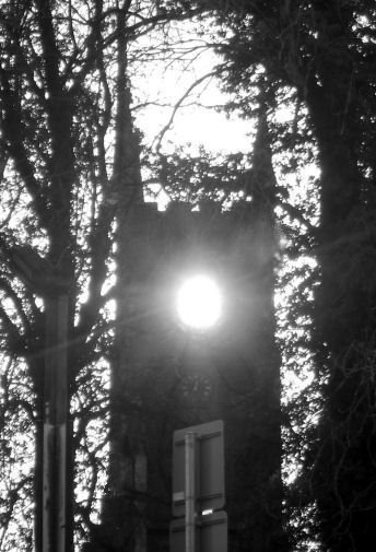 Midwinter sun aligned with window opening of ruined Cathcart Old Parish Church