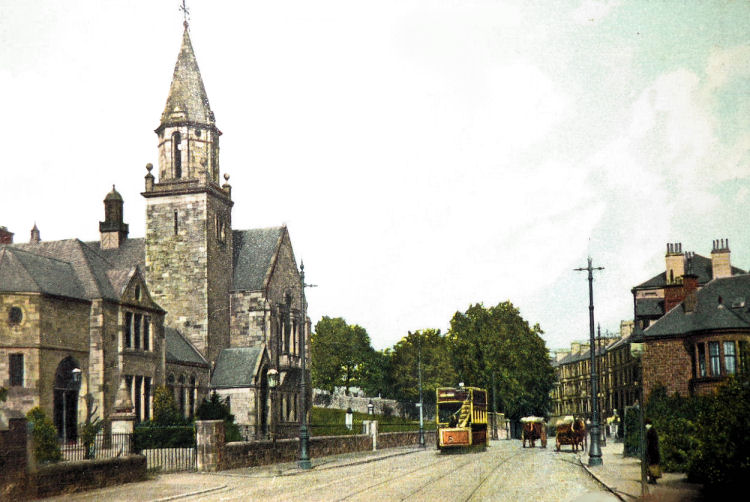 City bound tram from Netherlee passing the  Couper Institute