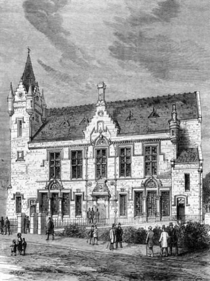 Engraving of Crosshill & Govanhill Burgh Halls from the east, 1880