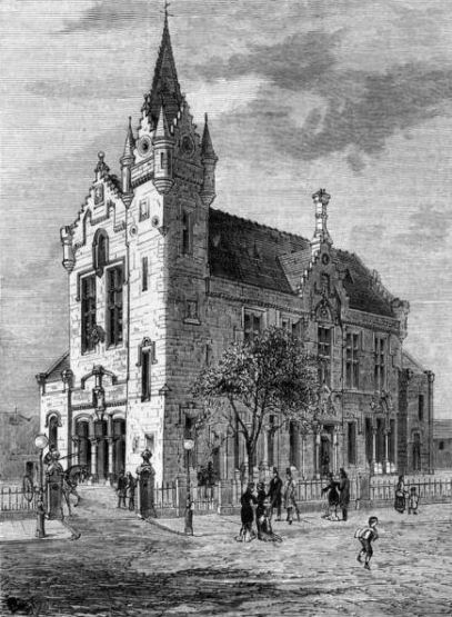 Engraving of Crosshill & Govanhill Burgh Halls from the south-east, 1880