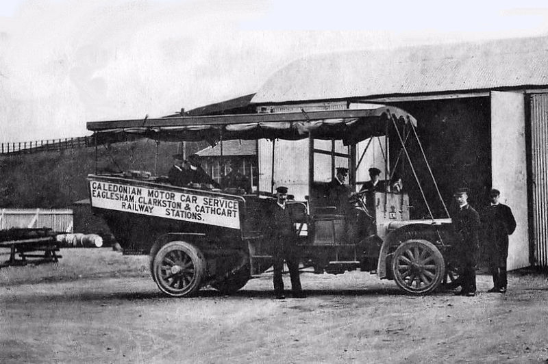 Motor bus carrying passengers to local railway stations in East Renfrewshiree