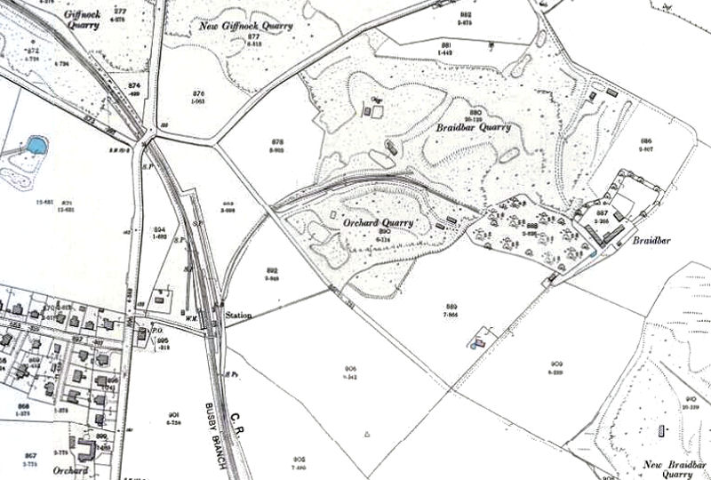 Map showing quarries surrounding Giffnock Station with direct branch to the largest workings