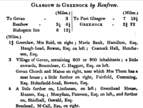 Extract of road trip from Glasgow to Renfrew c.1800