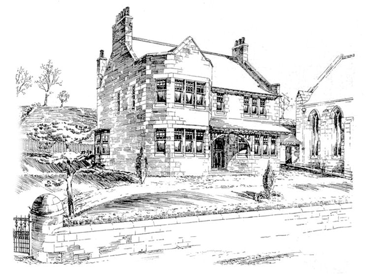 Exhibition drawing of Greenbank Manse by W.G. Rowan, displayed at Glasgow Institute of the Fine Arts, 1898