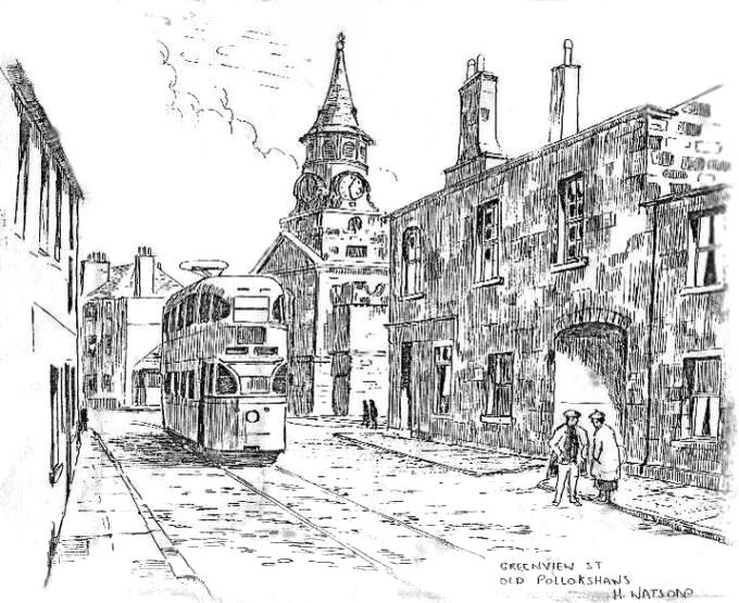 Pencil sketch of tram at Greenview Street, Pollokshaws