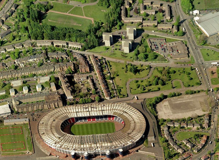 Modern view of Hampden Stadium with Lesser Hampden to the left and Cathkin Park at the top of the frame
